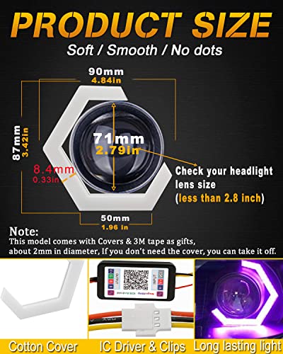 Qasim Hexagon Angel Eyes RGB APP Control Retrofit Car Motorcycle Light Accessories Driving Day Signal Light Decoration White DRL Streamer Amber Turn Signal Light 12V 24V 90MM 2 Pack - Image 3