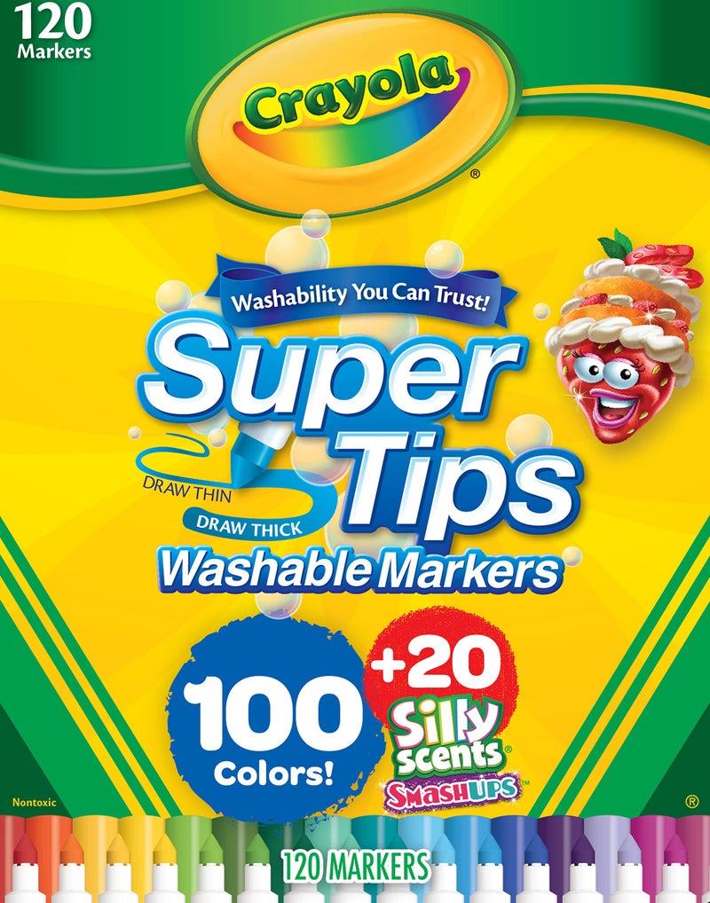 Crayola Super Tips & Silly Scents Washable Marker Set (120ct), Bulk Colored Markers for Coloring Books, Fine Tip, Conical, Water-Based Ink, Ideal for Kids' Art Projects, Gifts - Image 1