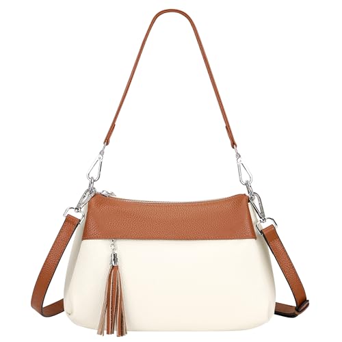 Over Earth Genuine Leather Crossbody Bags for Women Small Hobo Handbags Shoulder Purses with 2 Detachable Straps(O111-2E Beige/Brown) - Image 1