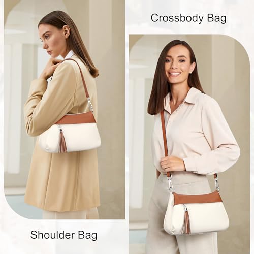 Over Earth Genuine Leather Crossbody Bags for Women Small Hobo Handbags Shoulder Purses with 2 Detachable Straps(O111-2E Beige/Brown) - Image 4
