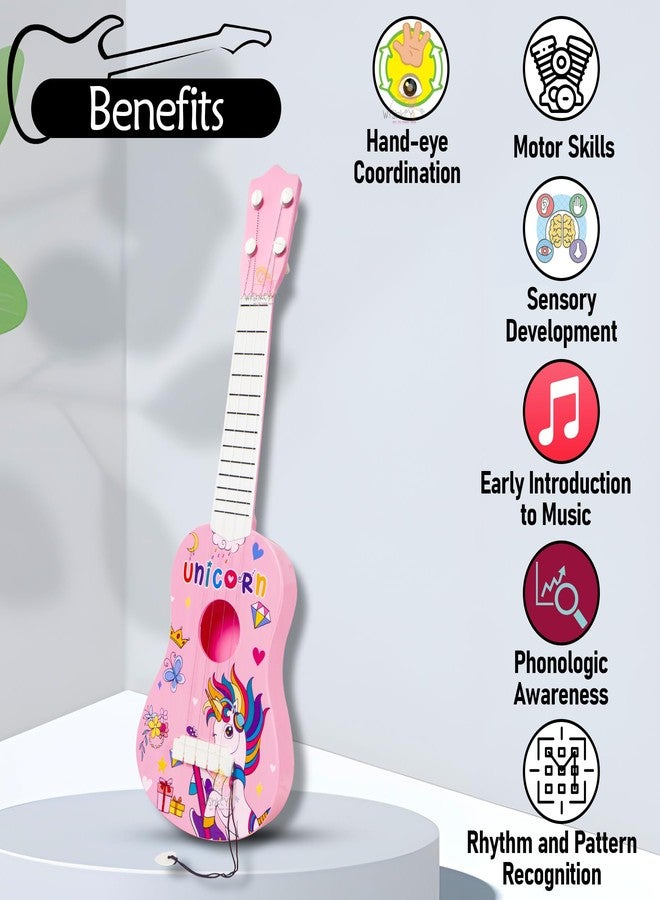 WISHKEY Unicorn Theme Guitar 4 Strings Acoustic Music Toys for Kids, Educational Toy Guitar for Beginners, Musical Instrument, Learning Musical Toy, Sound Toys, Pink, 6+Years, 17" (Pack of 1) - Image 3