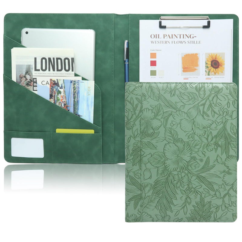 FORTAVEM Professional Faux Leather Padfolio with Clipboard â€“ Business Portfolio Organizer Folder & Resume Folder with Card Slots, Pen Holder, and Notebook Organizer, A4 Writing Pad for Office, Green - Image 1