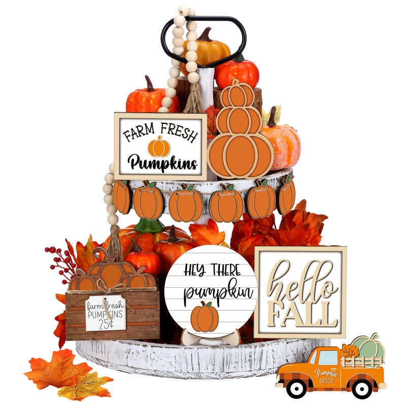 Maitys 1 Set Thanksgiving Tiered Tray Decor Set Fall Tiered Tray Decorations Autumn Pumpkin Leaves Rustic Farmhouse Decor Autumn Harvest Decorative Wooden Tabletop Sign for Home KitchenWarm Style - Image 2
