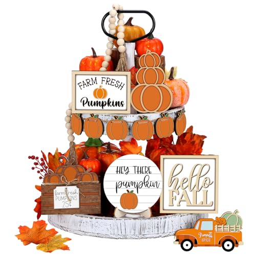 Maitys 1 Set Thanksgiving Tiered Tray Decor Set Fall Tiered Tray Decorations Autumn Pumpkin Leaves Rustic Farmhouse Decor Autumn Harvest Decorative Wooden Tabletop Sign for Home KitchenWarm Style - Image 1