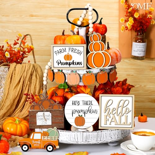 Maitys 1 Set Thanksgiving Tiered Tray Decor Set Fall Tiered Tray Decorations Autumn Pumpkin Leaves Rustic Farmhouse Decor Autumn Harvest Decorative Wooden Tabletop Sign for Home KitchenWarm Style - Image 3