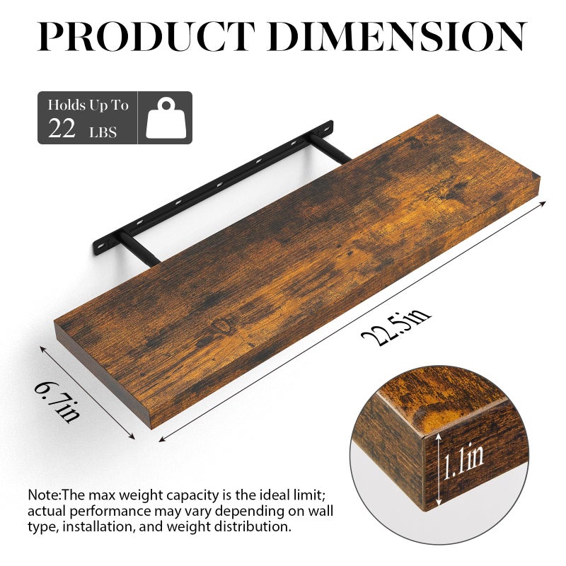 BAYKA Floating Shelves, 22.5 inches Rustic Wood Wall Shelves for Bathroomï¼ŒBedroom, Living Room, Kitchen & Book, Hanging Display Decor Organization Shelf with 22 lbs Capacity (Rustic Brown) - Image 5