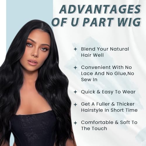 RUNATURE U Prat Human Hair Wig 20 Inch 150 Density Remy Human Hair U Prat Wig Natural Black Soft Silky Hair for Women Easy to Install 1B - Image 5