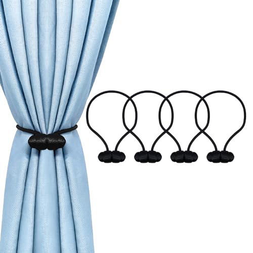 Tifanso Black Magnetic Curtain Tiebacks - 4pcs Decorative Curtain Tie Backs, No Drill Closure Drapery Tiebacks Holdbacks, Boho Drapes Straps Ropes for Bedroom, Bathroom, Farmhouse Decor - Image 1