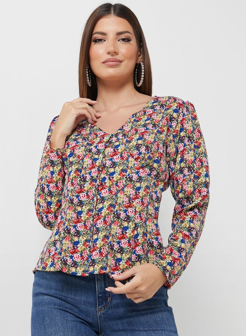 NASTY GAL Floral Print Button Detail Top - Image 1