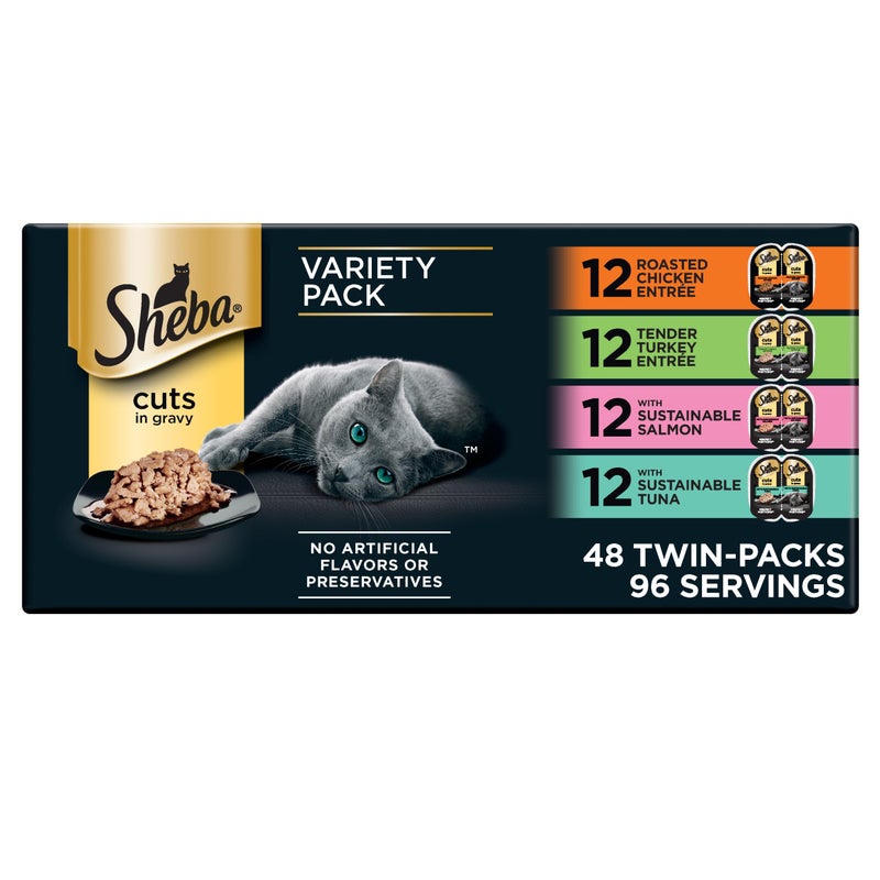 Sheba Perfect Portions Wet Cat Food Cuts in Gravy, Roasted Chicken Entree, Tender Turkey Entree, with Sustainable Salmon, and with Sustainable Tuna, 2.6 oz. Twin-Pack Trays (24 Count, 48 Servings) - Image 1