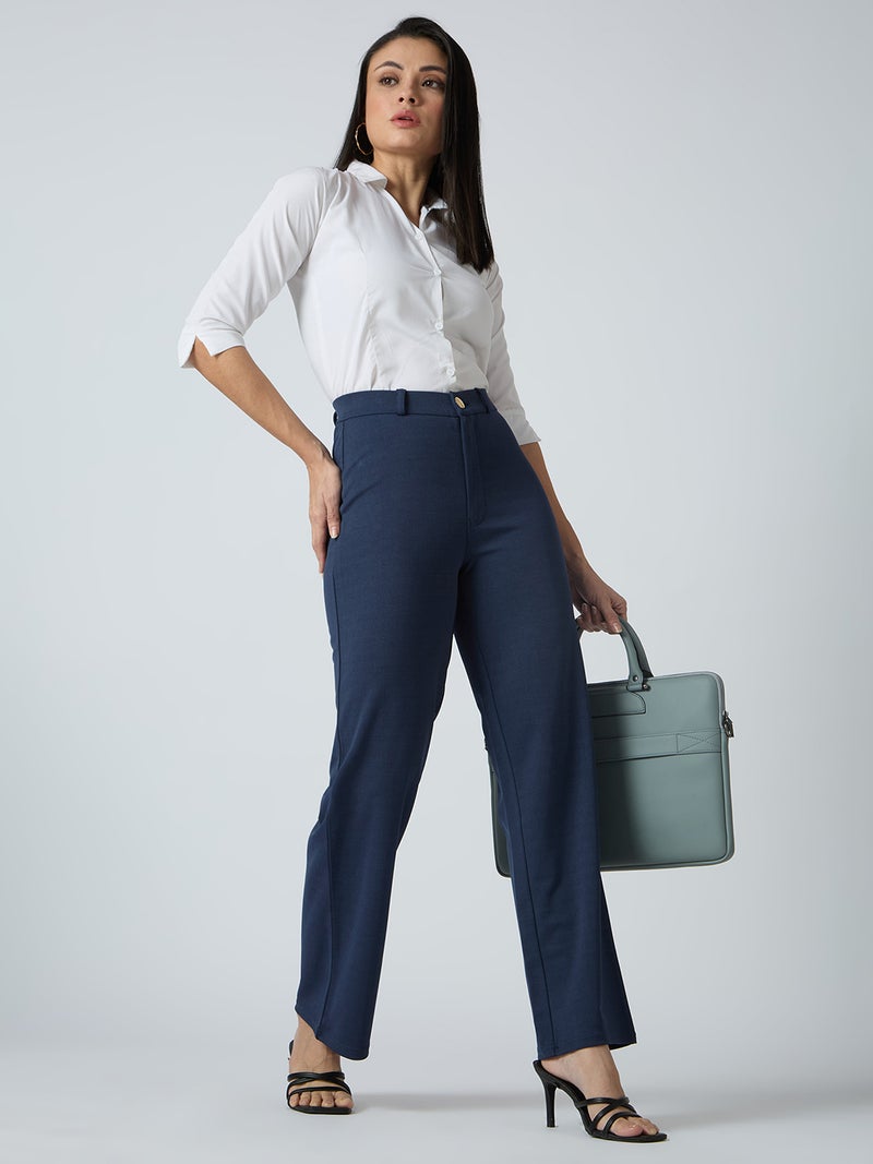 globus Globus Women Self Checked Design Stretchable Mid-Rise Straight Fit Workwear Trousers  - Image 1