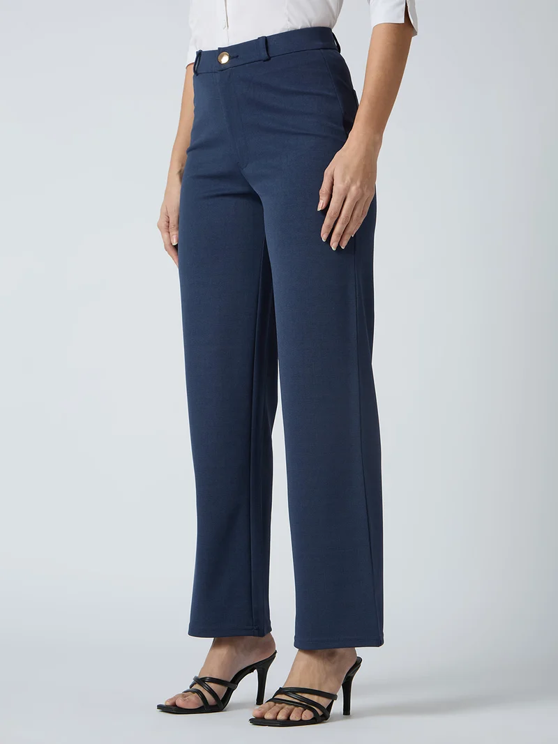 globus Women Self Checked Design Stretchable Mid-Rise Straight Fit Workwear Trousers