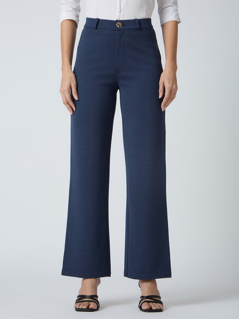 globus Globus Women Self Checked Design Stretchable Mid-Rise Straight Fit Workwear Trousers  - Image 2
