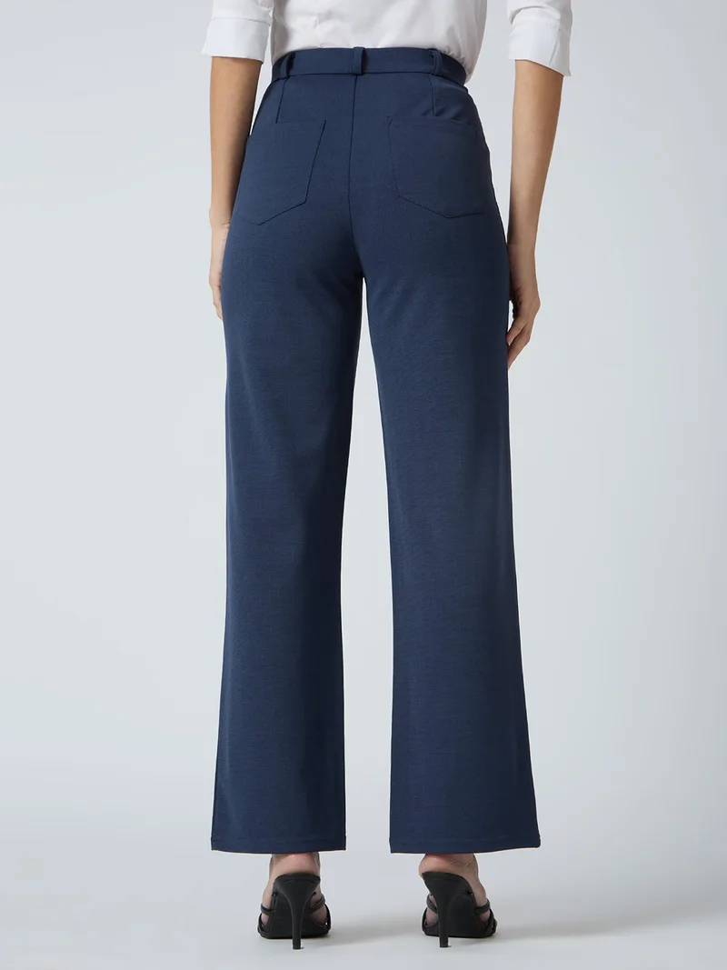 globus Women Self Checked Design Stretchable Mid-Rise Straight Fit Workwear Trousers