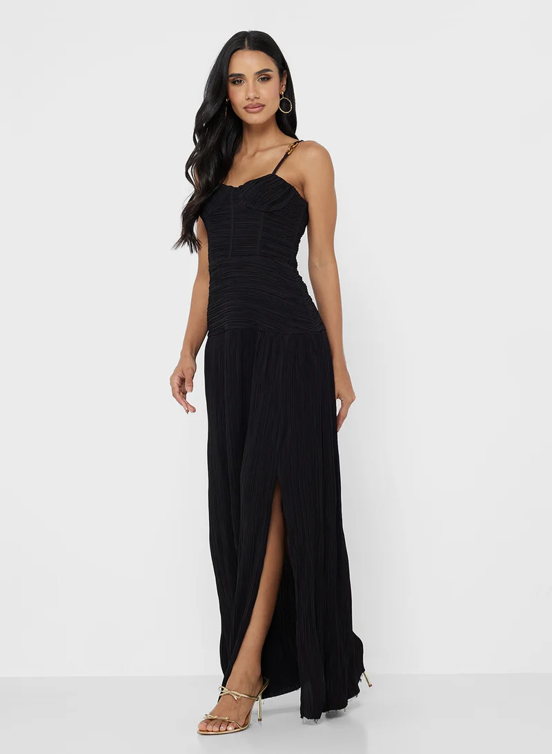 جينجر بوتيك Corset Bodice Ruched Dropwaist Dress with Slit