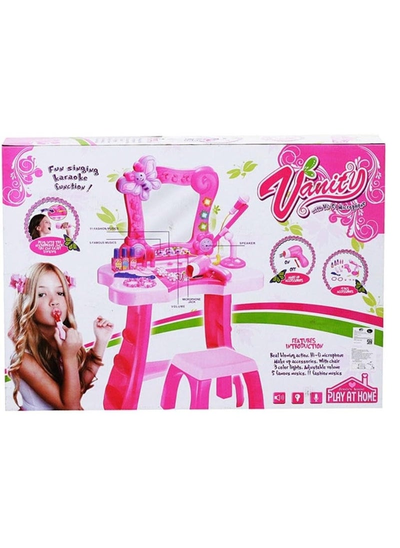 REXA - Makeup Vanity Table Set with Lighted Mirror, Beauty Chair, Hair Accessories, Makeup, Hair Dryer, Microphone for Singing - Image 1