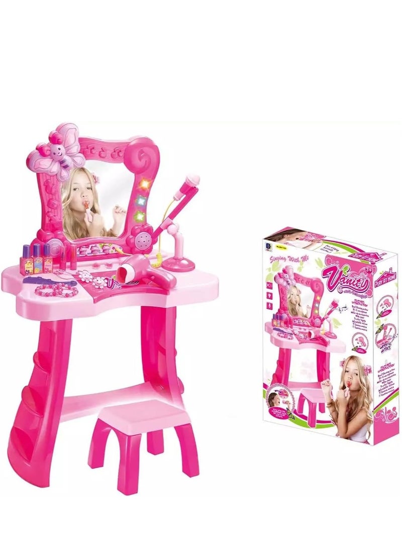 REXA - Makeup Vanity Table Set with Lighted Mirror, Beauty Chair, Hair Accessories, Makeup, Hair Dryer, Microphone for Singing - Image 1