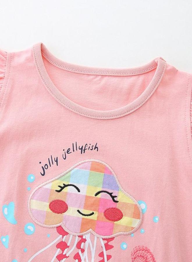 يونيكي Peach Crew Neck Cap Sleeve Printed Tshirt & Shorts - Image 4