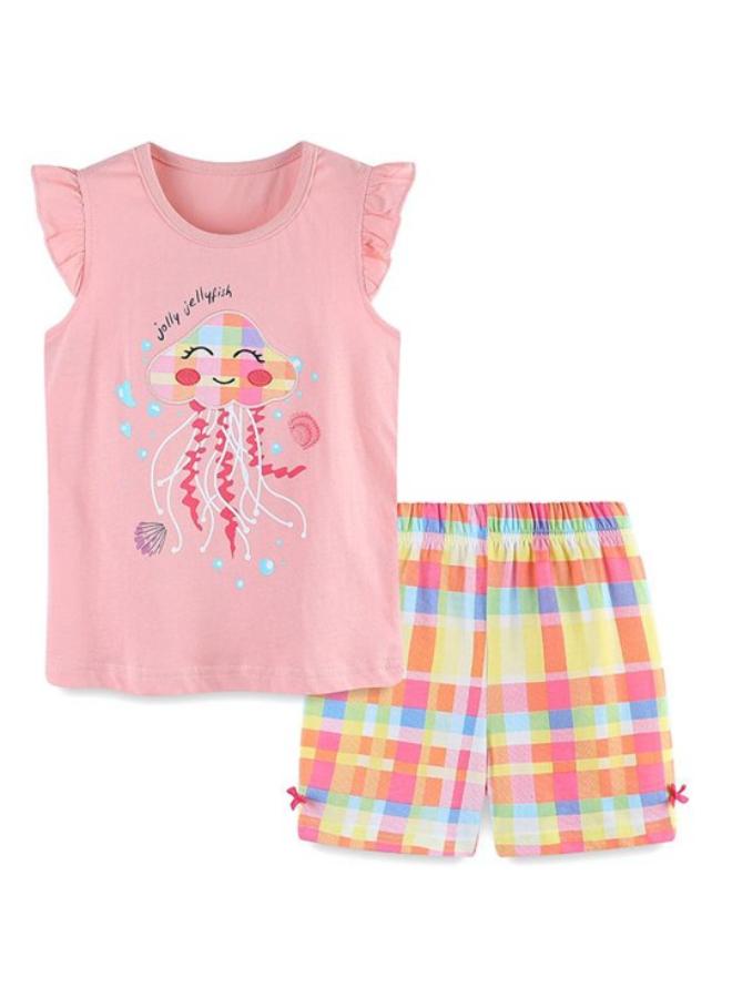 يونيكي Peach Crew Neck Cap Sleeve Printed Tshirt & Shorts - Image 2