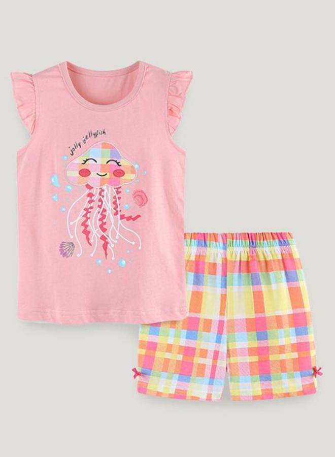 يونيكي Peach Crew Neck Cap Sleeve Printed Tshirt & Shorts - Image 1