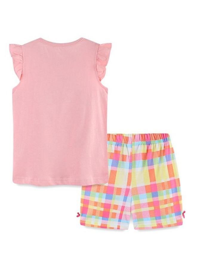 يونيكي Peach Crew Neck Cap Sleeve Printed Tshirt & Shorts - Image 3