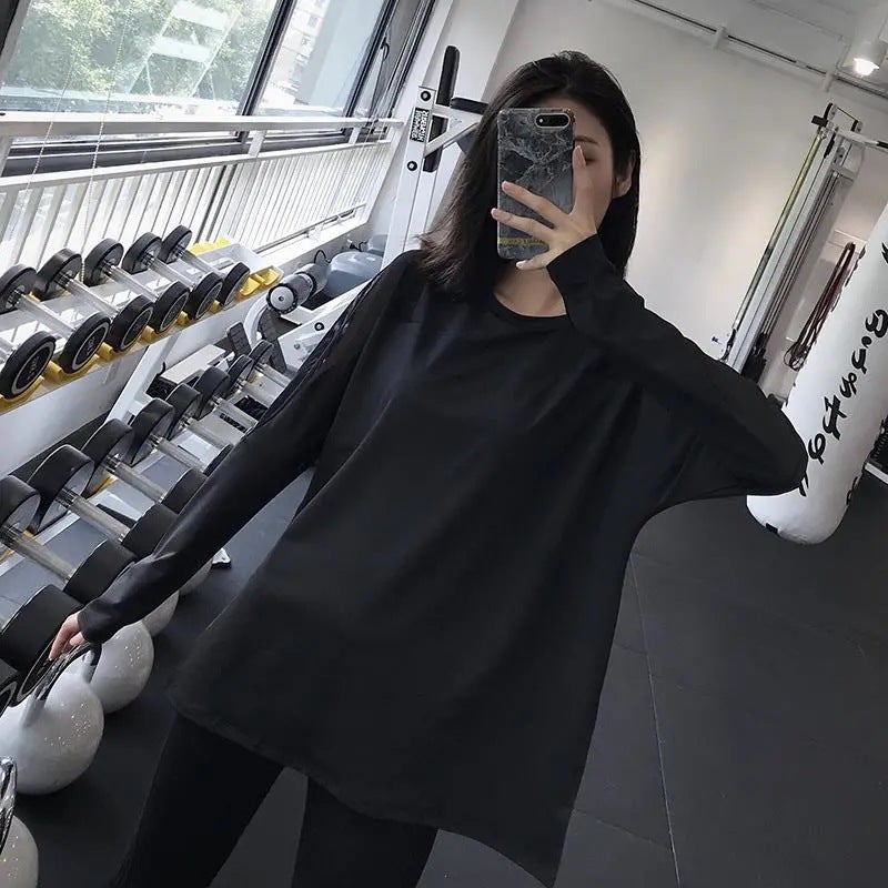 Generic Yoga short-sleeved quick-drying T-shirt spring and summer thin running workout clothes plus size sports top womens loose chubby girl blouse 881# black long-sleeved top 