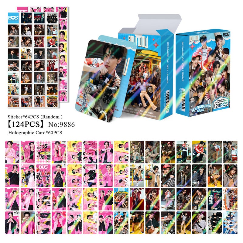 BUS 124PCS Holographic Cards & Star Stickers Set – 60PCS Holographic LOMO Cards + 64PCS Random Celebrity Stickers for DIY Scrapbooking, Album Decoration, Journaling, and Birthday Gift for Teens