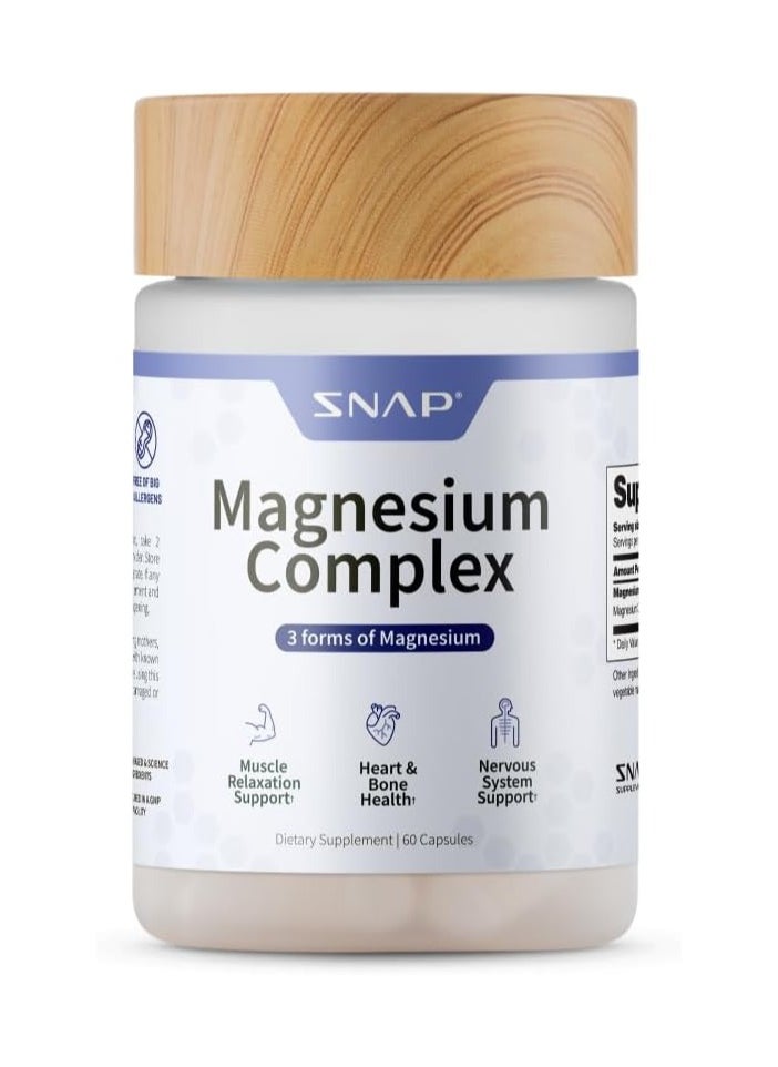 SNAP SUPPLEMENTS - Magnesium Complex 3 Forms Of Magnesium Muscle Relazation Heart And Bone Health And Neevous System Support Dietary Supplement - 60 Capsules - Image 1