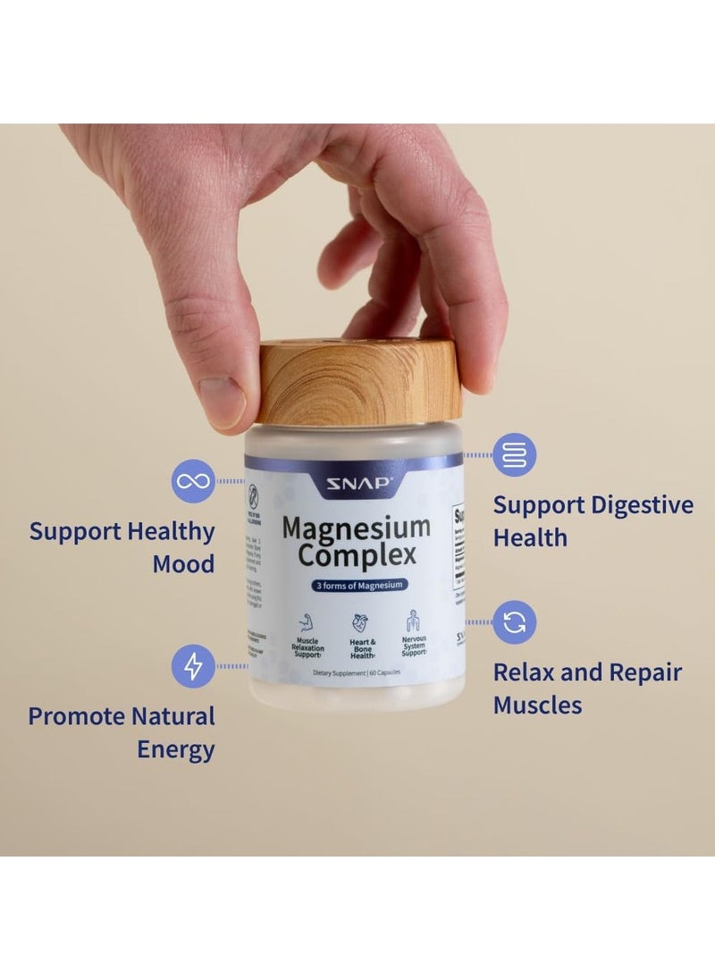SNAP SUPPLEMENTS - Magnesium Complex 3 Forms Of Magnesium Muscle Relazation Heart And Bone Health And Neevous System Support Dietary Supplement - 60 Capsules - Image 1