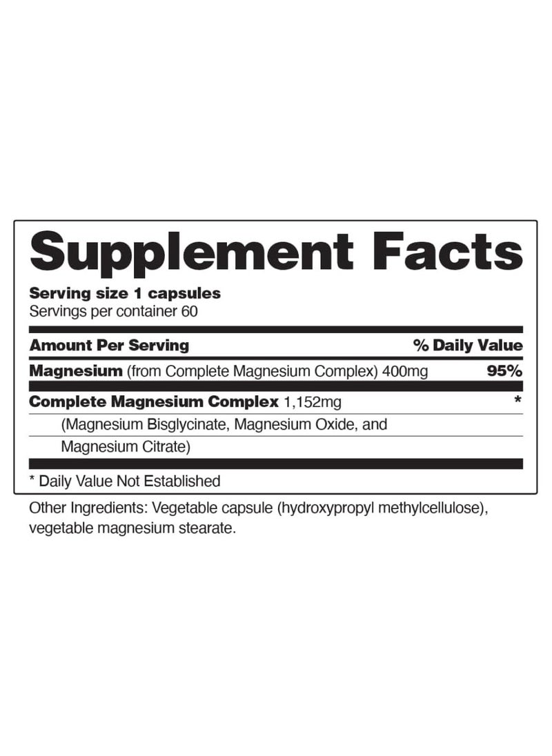 SNAP SUPPLEMENTS - Magnesium Complex 3 Forms Of Magnesium Muscle Relazation Heart And Bone Health And Neevous System Support Dietary Supplement - 60 Capsules - Image 1