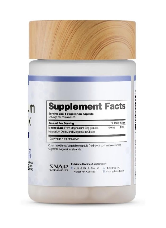 SNAP SUPPLEMENTS - Magnesium Complex 3 Forms Of Magnesium Muscle Relazation Heart And Bone Health And Neevous System Support Dietary Supplement - 60 Capsules - Image 1