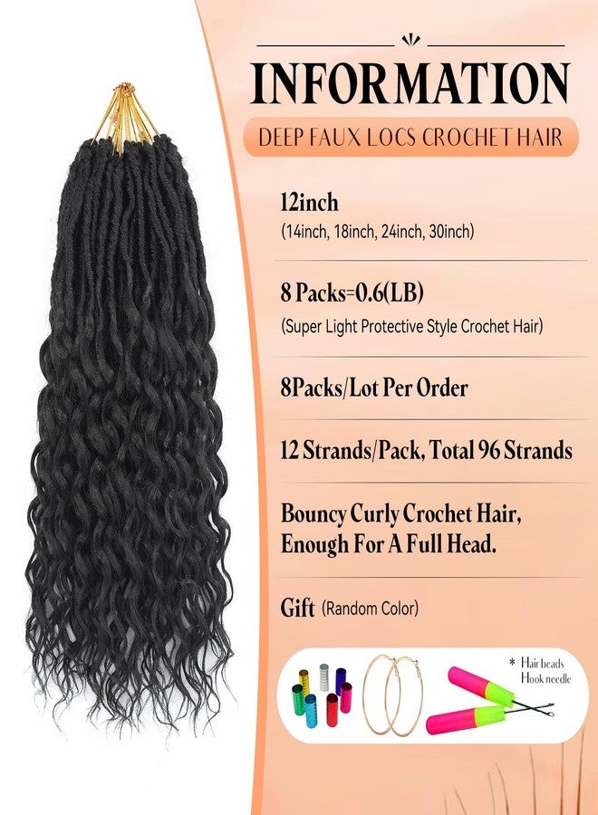 Ahrencan Short Deep Faux Locs Crochet Hair for Black Women-8 Packs 12 Inch Pre Looped Goddess Locs Crochet Hair With Deep Wave Curly Ends Prelooped Synthetic Crochet Braids,Lightweight& Natural Look(12",1B#) - Image 3