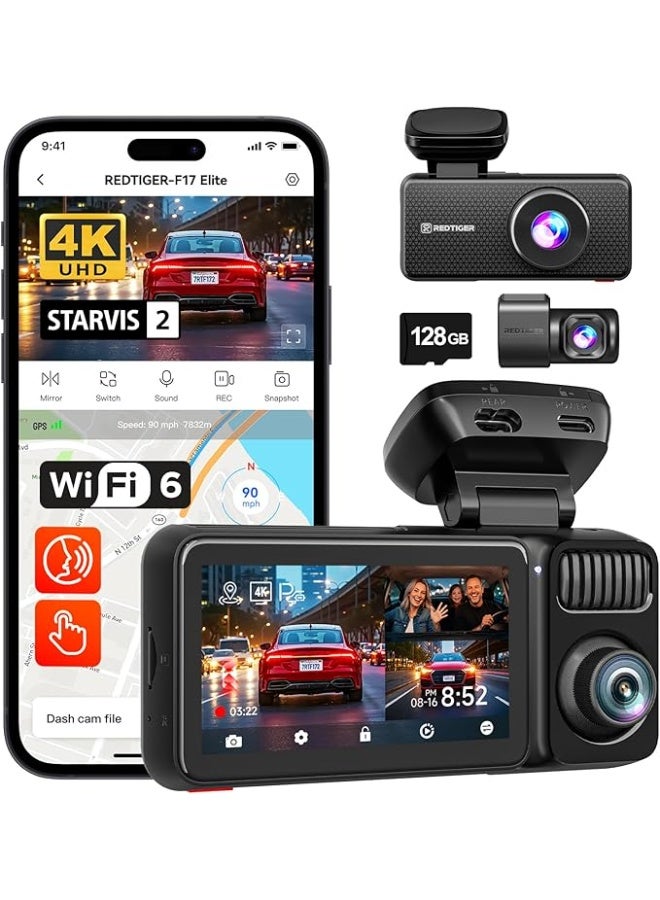 ريد تايجر كاميرا لوحة القيادة F17 اليت 4K 3 قنوات، ستارفيس 2 IMX678 وIMX675، بطاقة 128GB، لون ليلي كامل، 4K+2.5K+1080P امامية وخلفية داخلية، شاشة لمس، تحكم صوتي، واي فاي 6 5GHz، GPS، HDR، وضع وقوف - Image 1