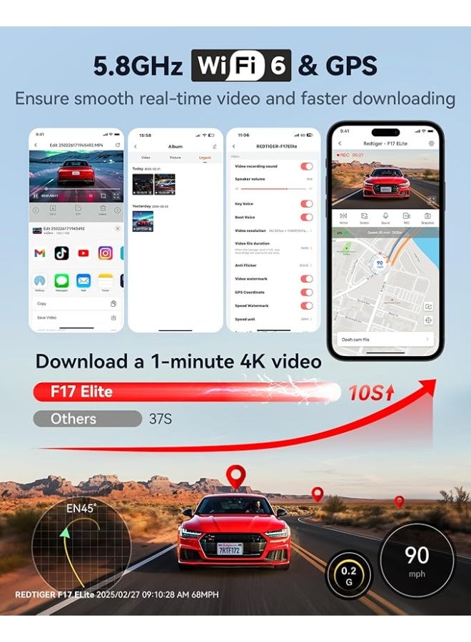 ريد تايجر كاميرا لوحة القيادة F17 اليت 4K 3 قنوات، ستارفيس 2 IMX678 وIMX675، بطاقة 128GB، لون ليلي كامل، 4K+2.5K+1080P امامية وخلفية داخلية، شاشة لمس، تحكم صوتي، واي فاي 6 5GHz، GPS، HDR، وضع وقوف - Image 4