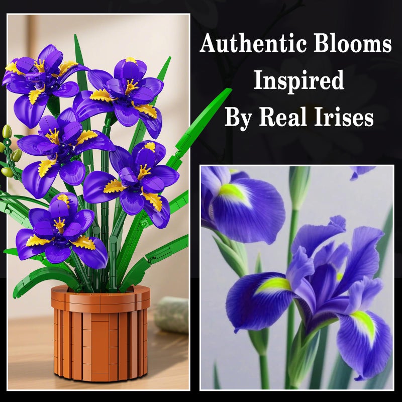 CUBIMANA Flowers Botanicals Iris Building Set - Easter Artificial Purple Bonsai Plant for Home Office DÃ©cor, 808PCS Flower Building Kit Indoor Decoration, Floar Gift for Adults Wife Girlfriend Mom - Image 4