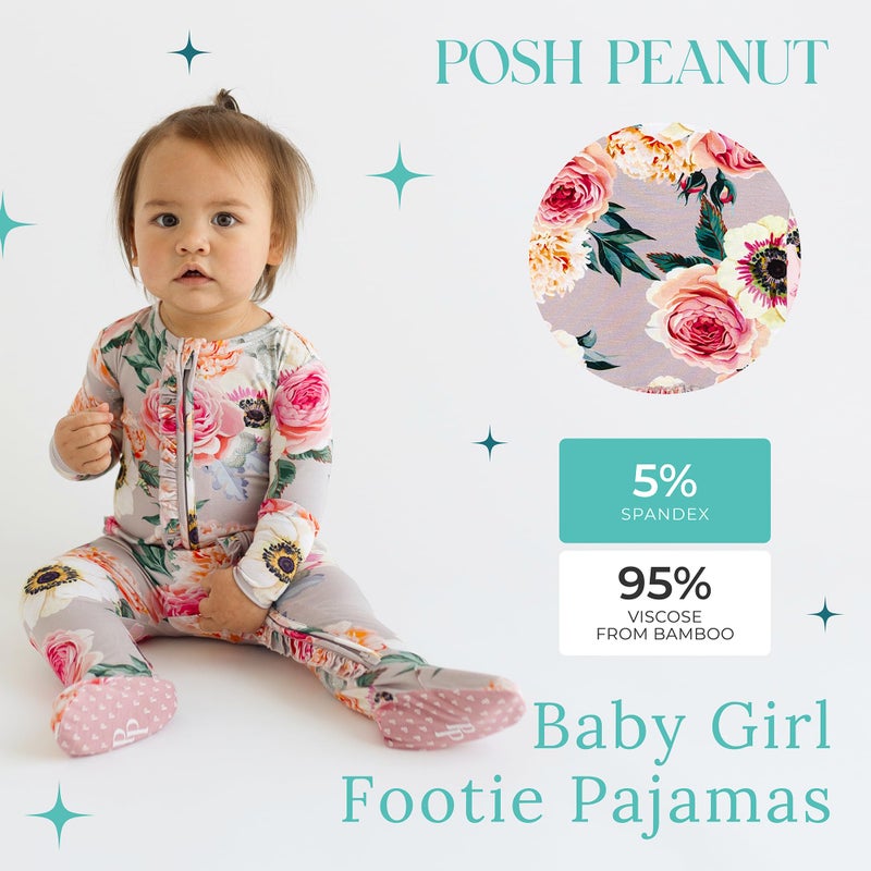 Posh Peanut بيجامة قدم أنيقة من بوش بينت للفتيات الصغيرات - ملابس نوم من فسكوز ناعم للغاية مصنوع من الخيزران مع سحاب ثنائي الاتجاه وحواف مزخرفة - ملابس نوم من حديثي الولادة إلى الأطفال الصغار (رمادي فرنسي، 0-3 أشهر) - Image 2