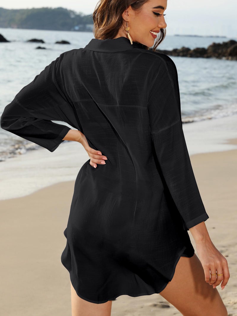 POGTMM Women Loose Long Sleeve Swimsuit Cover Ups Button Down Beach Shirt Black Swim Pool Bathing Suits Dress (L, Black) - Image 5