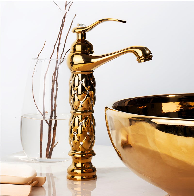 24x7 eMall Gold Brass Heavy Basin Mixer Faucet Tap for Bathroom Toilet Wash Basins Hot and Cold Water, Gold Diamond 12 Inch Height - Image 2