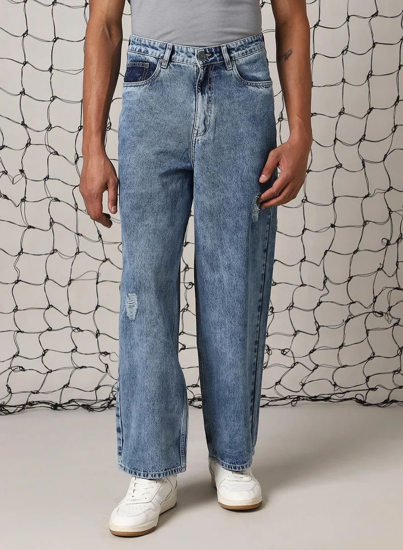 Hubberholme  Men's Indigo 100% Cotton Distressed Full Length Loose Fit Jeans for Men | Best Price UAE