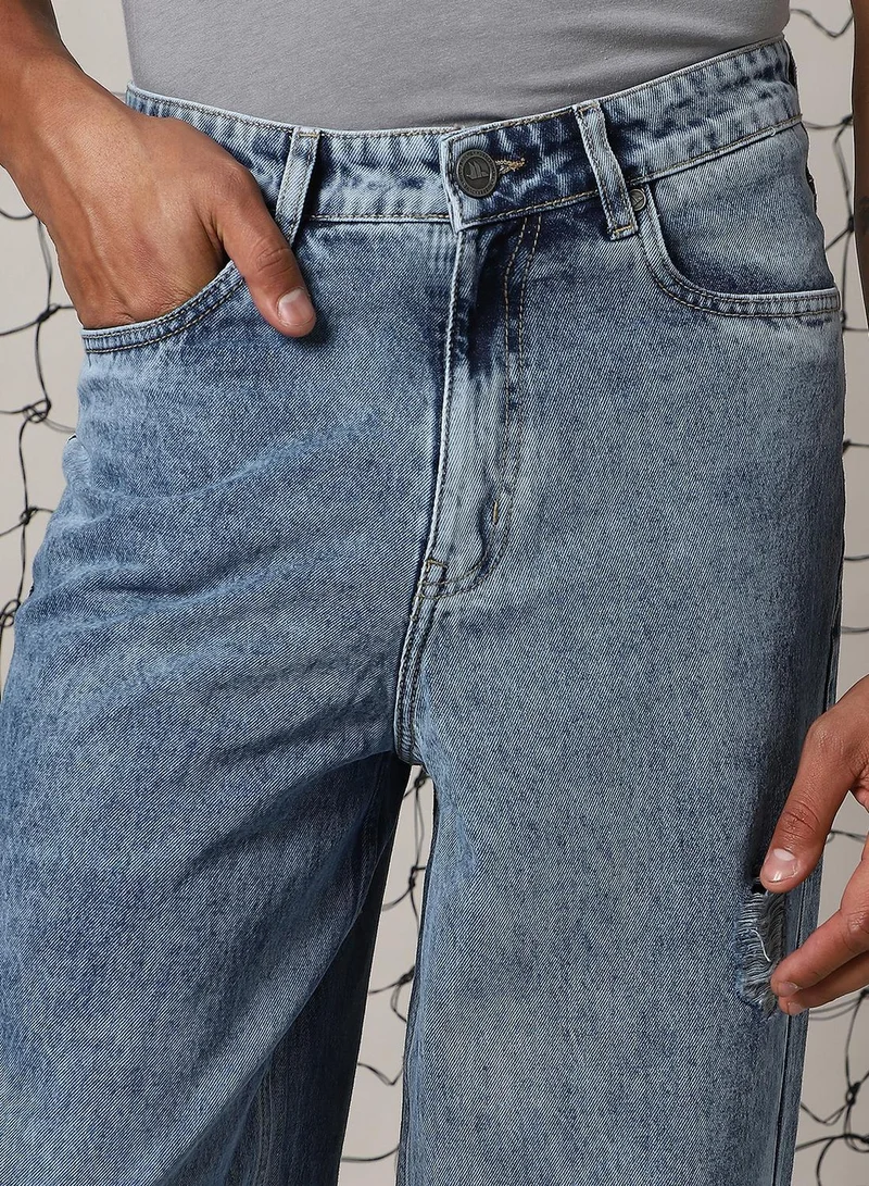 Hubberholme  Men's Indigo 100% Cotton Distressed Full Length Loose Fit Jeans for Men | Best Price UAE