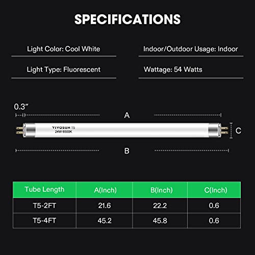 VIVOSUN T5 Grow Light Bulbs 2 Ft 22 Inches, 24W 6500K HO Fluorescent Tubes Light Bulbs, Cool White T5 Bulb for 22 Inches T5 Light Fixtures, T5 Grow Lights for Indoor Plants, 2 Ft 24W Pack of 5 - Image 2