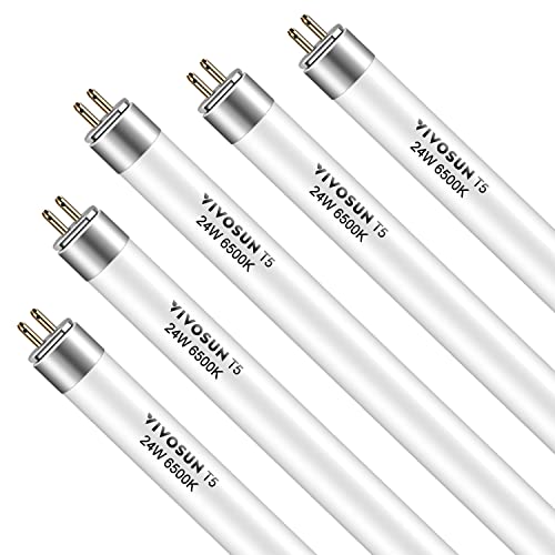 VIVOSUN T5 Grow Light Bulbs 2 Ft 22 Inches, 24W 6500K HO Fluorescent Tubes Light Bulbs, Cool White T5 Bulb for 22 Inches T5 Light Fixtures, T5 Grow Lights for Indoor Plants, 2 Ft 24W Pack of 5 - Image 1
