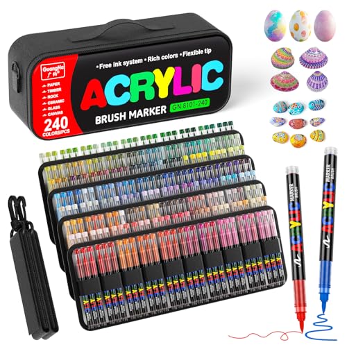 Sanyetral 240 Colors Acrylic Paint Markers with Carrying Bag and Shoulder Strap, Soft Brush Tip Paint Pens, Acrylic Pens for Wood, Canvas, Glass, Fabric, Egg, Rock Painting and DIY Crafts Art Supplies (240) - Image 1