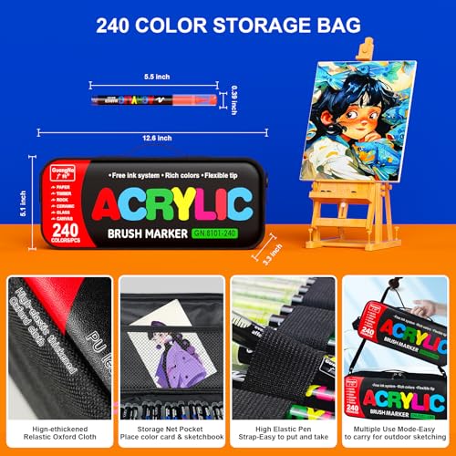 Sanyetral 240 Colors Acrylic Paint Markers with Carrying Bag and Shoulder Strap, Soft Brush Tip Paint Pens, Acrylic Pens for Wood, Canvas, Glass, Fabric, Egg, Rock Painting and DIY Crafts Art Supplies (240) - Image 2