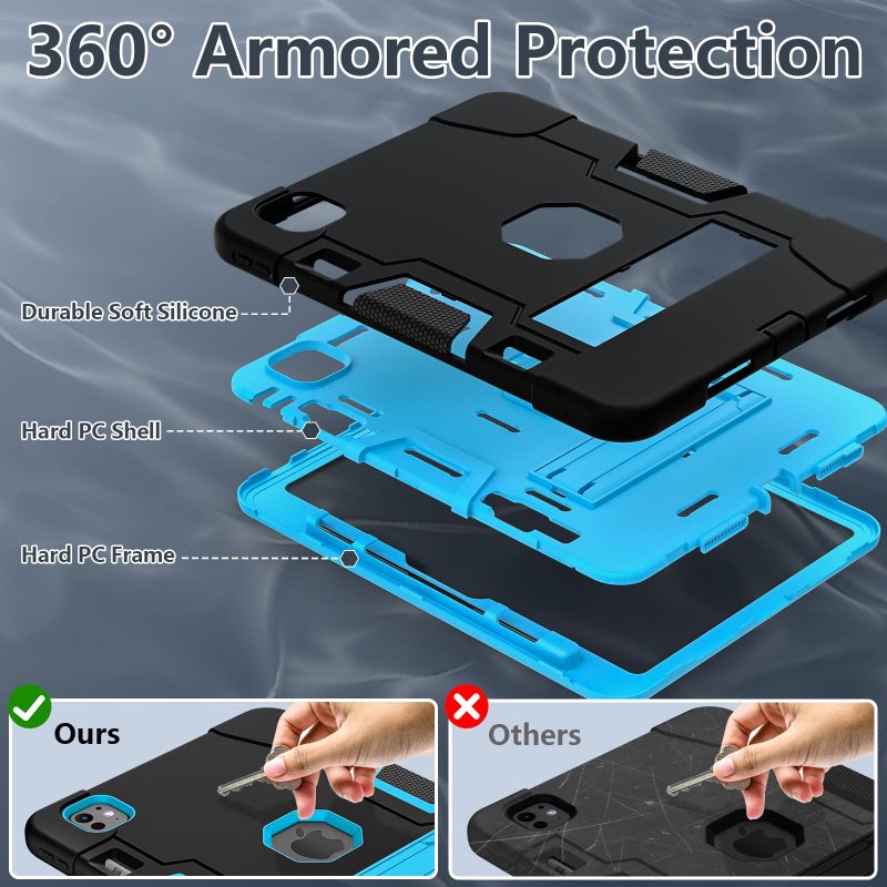 TSQQST for iPad Pro 11 Inch Case M4 5th Generation 2024, iPad Pro 11 Case with Pencil Holder+Stand, Full-Body Protective Rugged Shockproof Cover for iPad Pro 11 Inch 5th Gen, Black Blue - Image 3