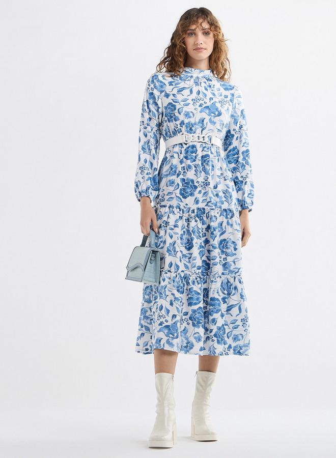 سبلاش فيڤ فستان ميدي بياقة عالية وأكمام طويلة وطبعات أزهار - Image 1