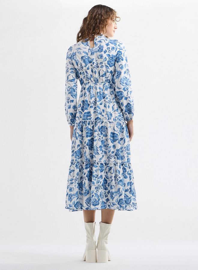 سبلاش فيڤ فستان ميدي بياقة عالية وأكمام طويلة وطبعات أزهار - Image 3