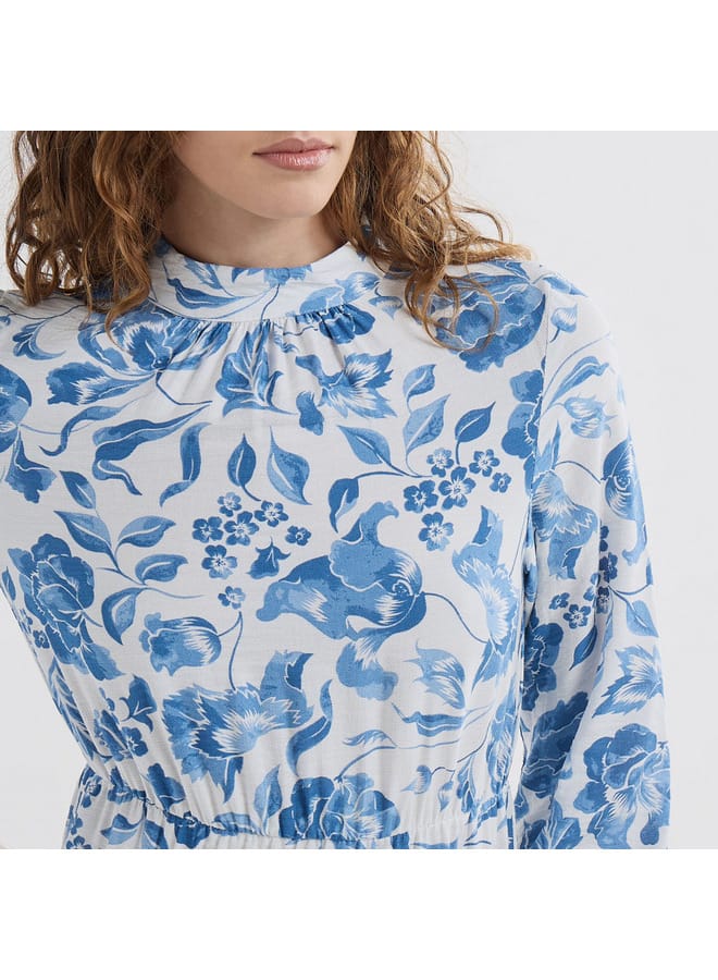 سبلاش فيڤ فستان ميدي بياقة عالية وأكمام طويلة وطبعات أزهار - Image 4