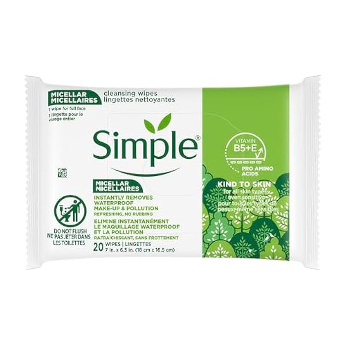 Simple Kind To Skin Micellar Makeup Remover Wipes - Face Wipes Instantly Remove Waterproof Makeup - Enriched with Vitamin B5 and E - Vegan - 20 pc - Image 1