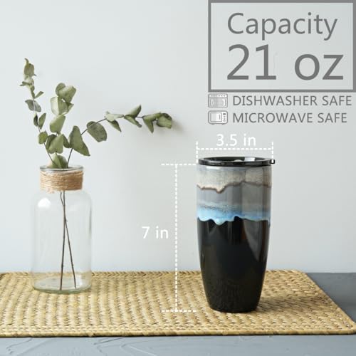 Bosmarlin Ceramic Travel Coffee Cup with Lid 21 oz Portable Coffee Mug for Car Cup Holder Microwave Safe Reactive Glaze Grey - Image 3